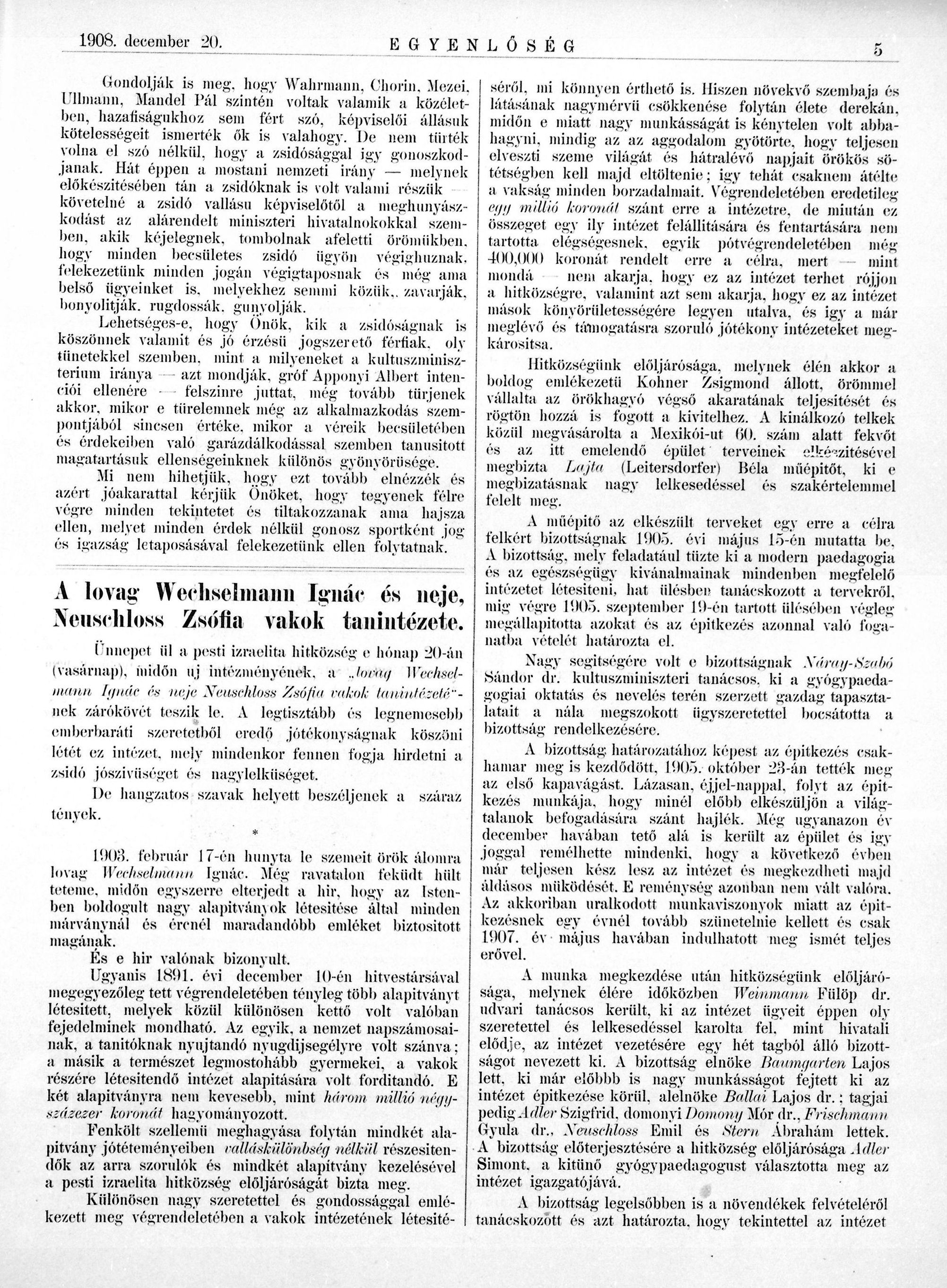 04_Egyenlőség, 1908. XII. 20. 5. p. 
