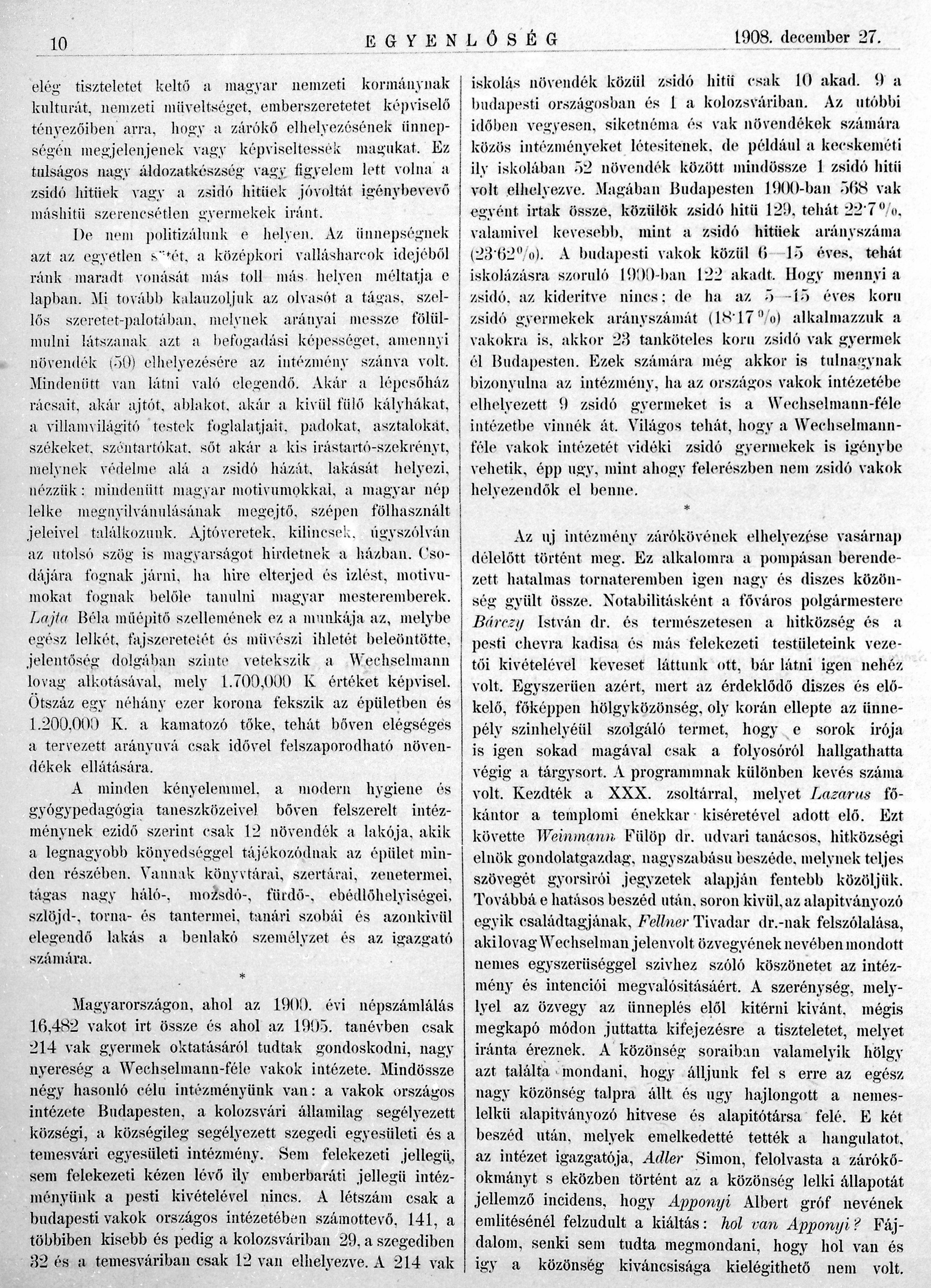 13_Egyenlőség, 1908. XII. 27. 10. p. 
