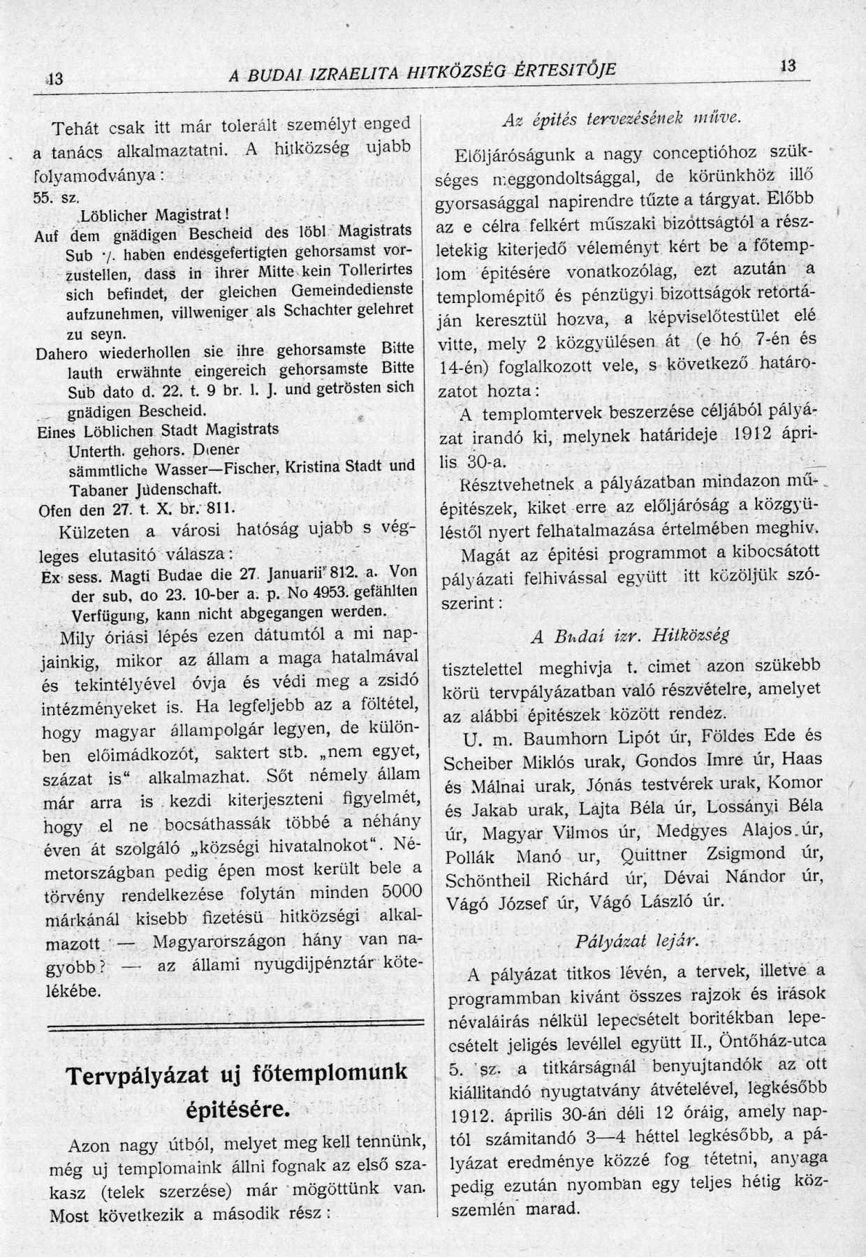 001_A Budai Izraelita Hitközség Értesítője, 1912. 1. sz. 13. p.